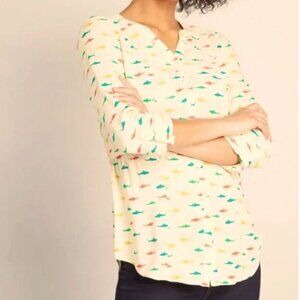 ModCloth Shirt Womens L Shark Print Trusty Travel Fish Button Up Back Tie Waist